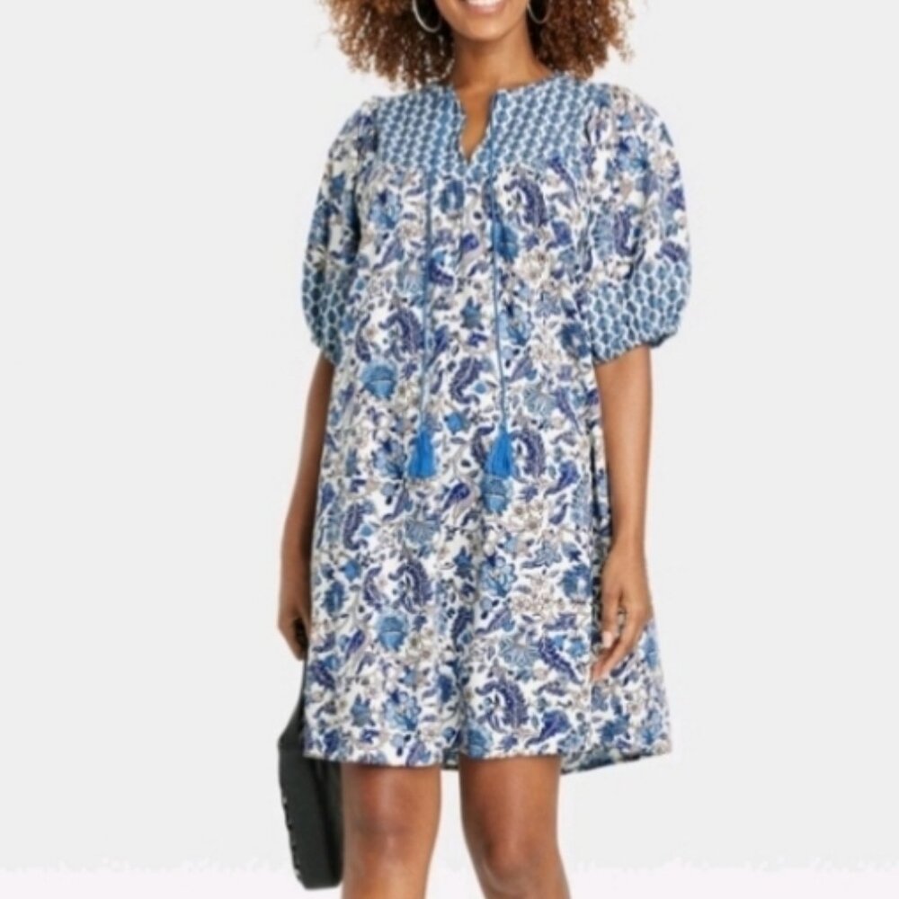 Knox Rose A-Line Cotton/Rayon Blend Dress Light Blue Floral Size M